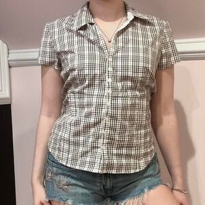 hollister white and brown plaid button up collared tie top small